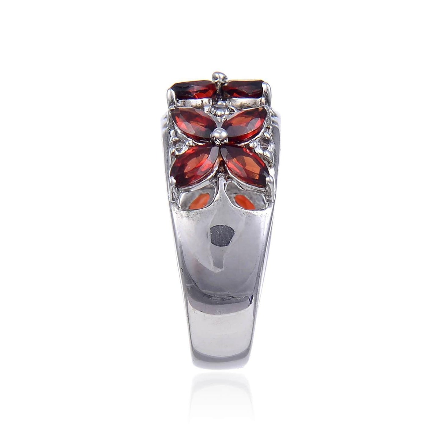 2.44 Ct Marquise Dark Red Garnet and White Topaz Prong Silver Flower Ring