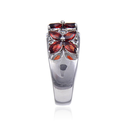 2.44 Ct Marquise Dark Red Garnet and White Topaz Prong Silver Flower Ring