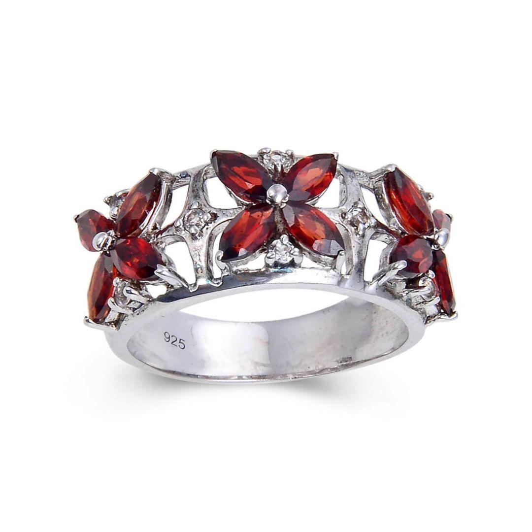 2.44 Ct Marquise Dark Red Garnet and White Topaz Prong Silver Flower Ring