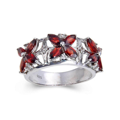 2.44 Ct Marquise Dark Red Garnet and White Topaz Prong Silver Flower Ring