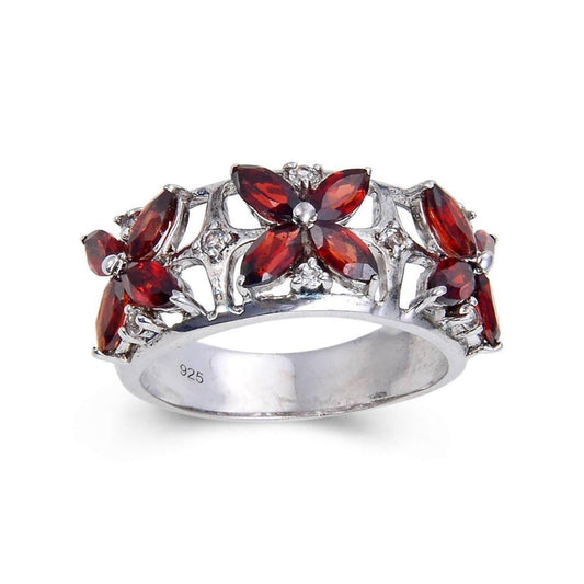 2.44 Ct Marquise Dark Red Garnet and White Topaz Prong Silver Flower Ring