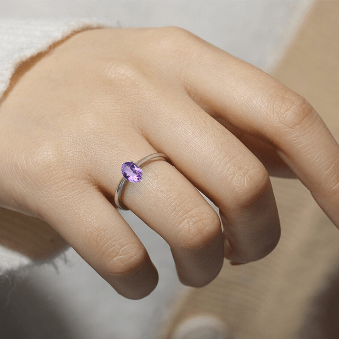 1 Ct Oval Purple Amethyst Prong Silver Solitaire Ring