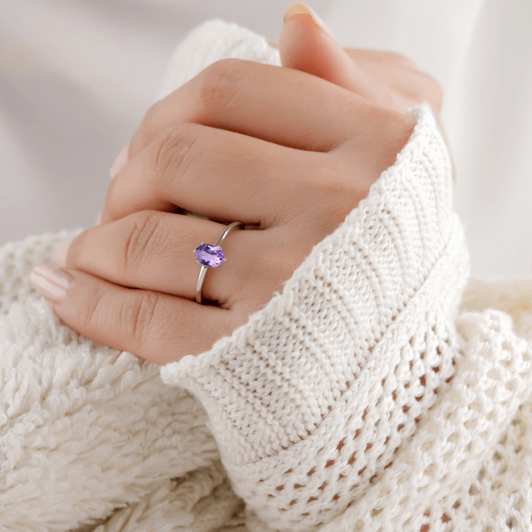 1 Ct Oval Purple Amethyst Prong Silver Solitaire Ring