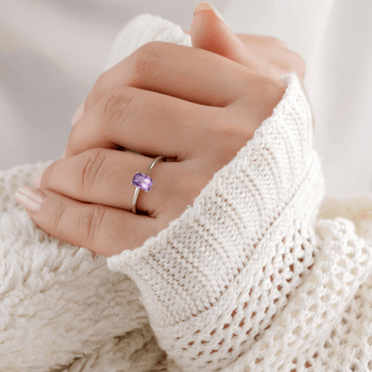 0.85 Ct Cushion Purple Amethyst Prong Silver Solitaire Engagement Ring