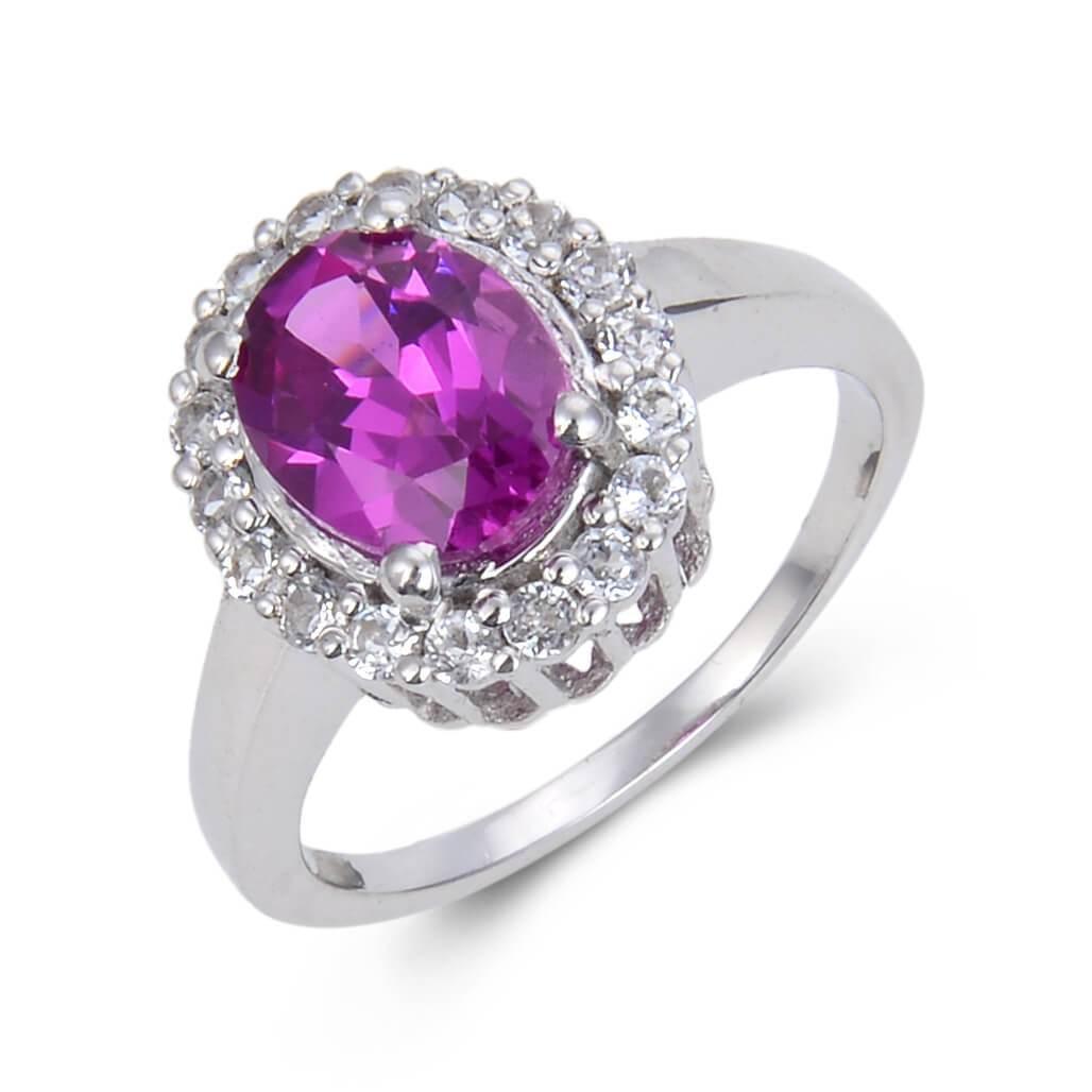 3.21 Ct Oval Created Purple Sapphire and White Topaz Prong Silver Halo Engagement Ring