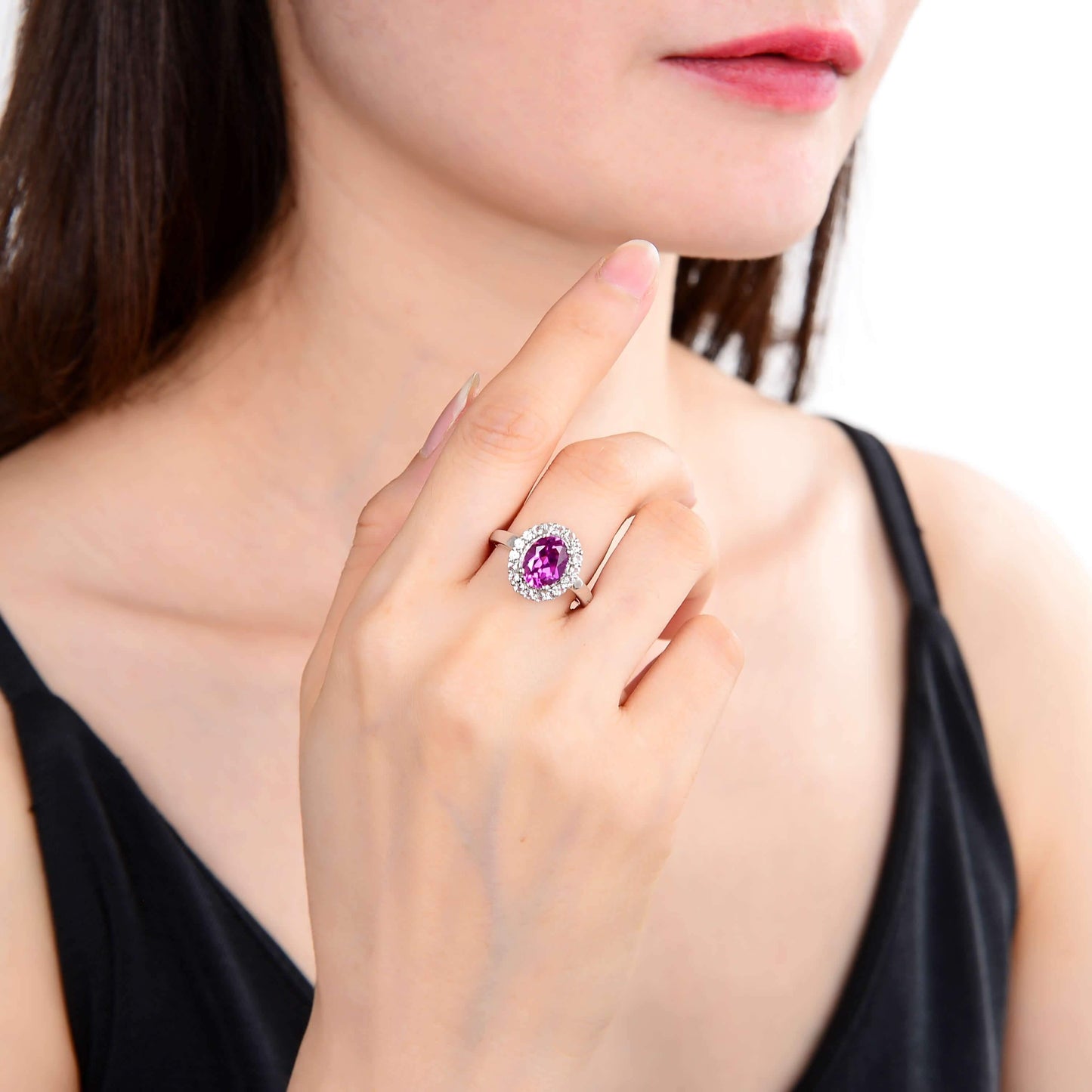 3.21 Ct Oval Created Purple Sapphire and White Topaz Prong Silver Halo Engagement Ring