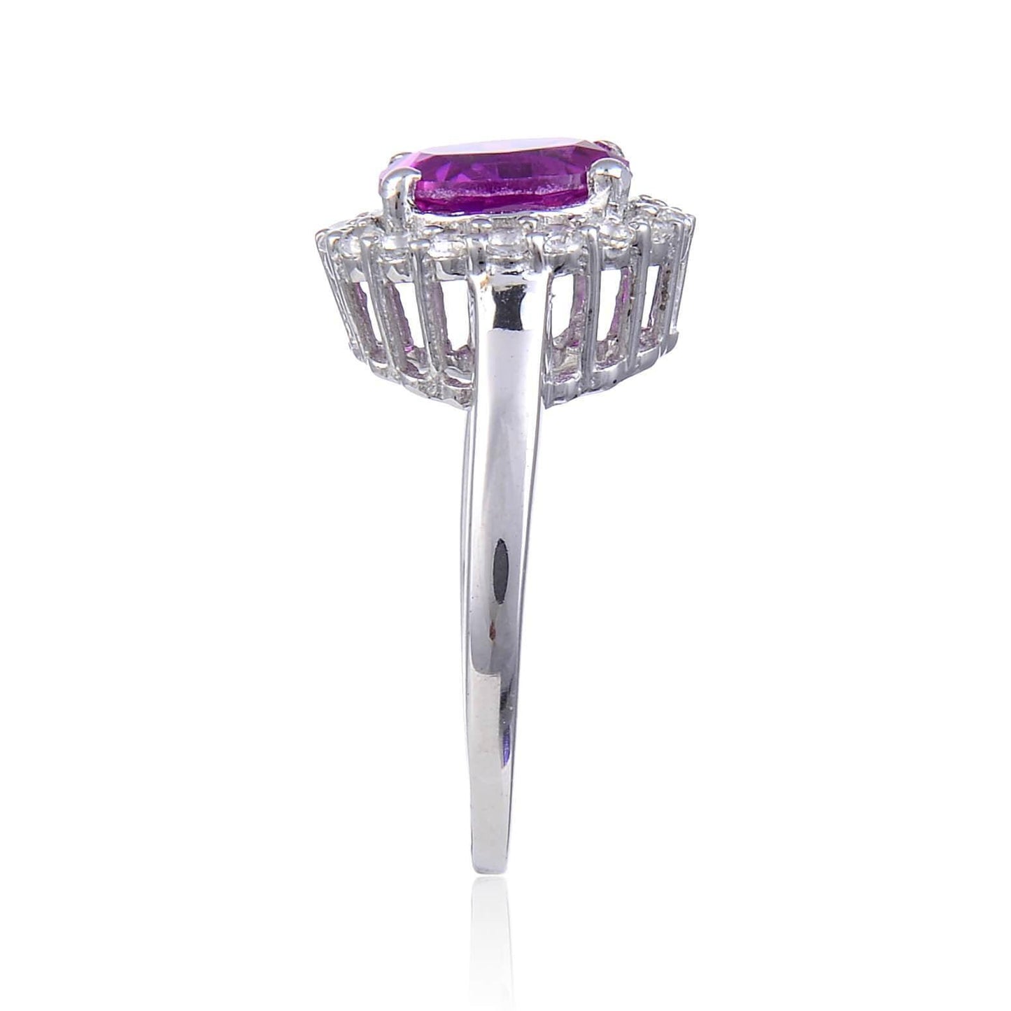 3.21 Ct Oval Created Purple Sapphire and White Topaz Prong Silver Halo Engagement Ring