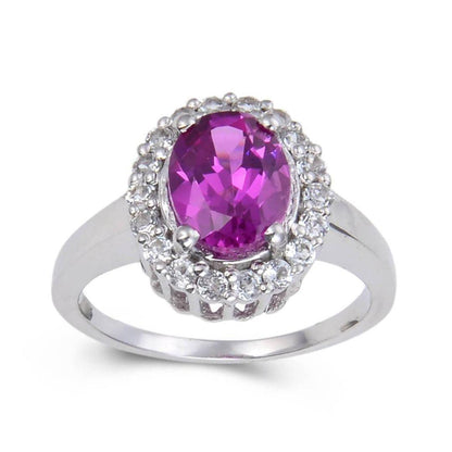 3.21 Ct Oval Created Purple Sapphire and White Topaz Prong Silver Halo Engagement Ring