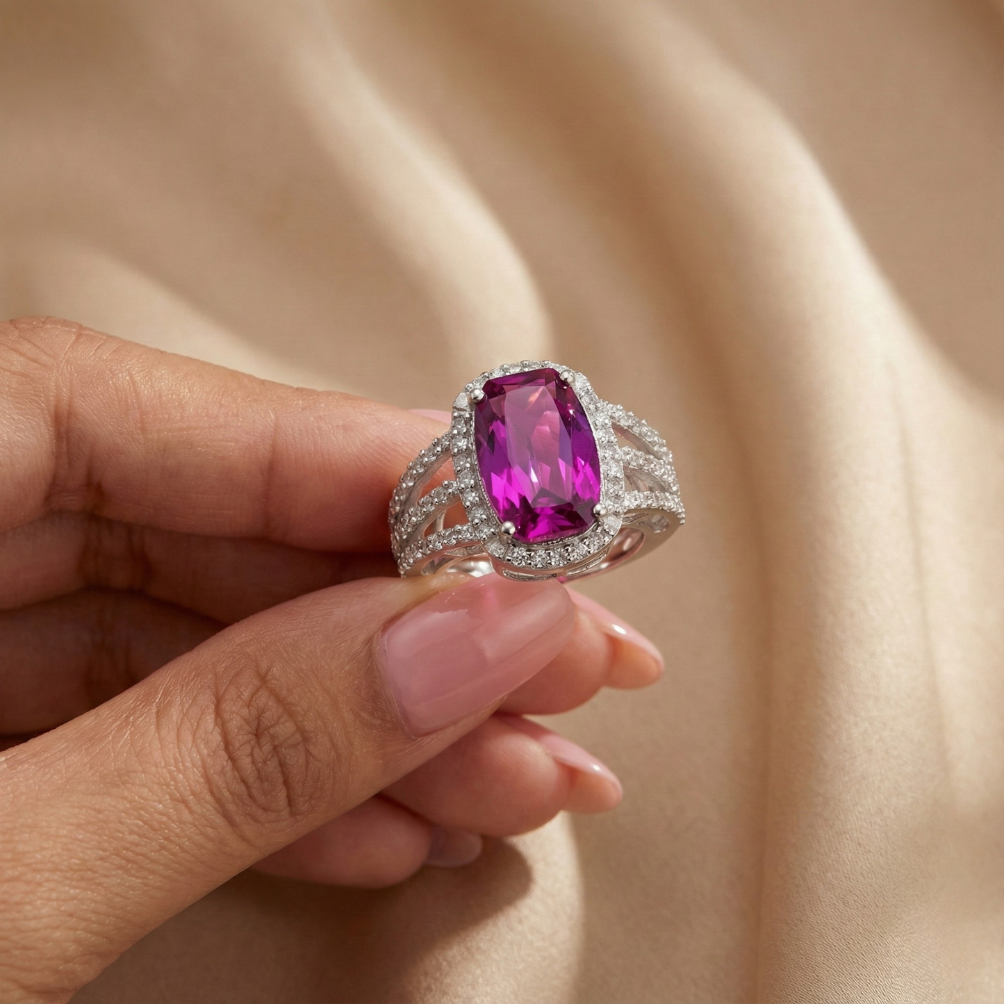 9.59 Ct Cushion Created Purple Sapphire and White Topaz Prong Silver Halo Engagement Ring