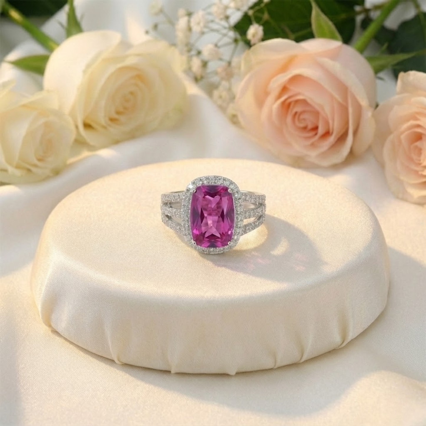 9.59 Ct Cushion Created Purple Sapphire and White Topaz Prong Silver Halo Engagement Ring