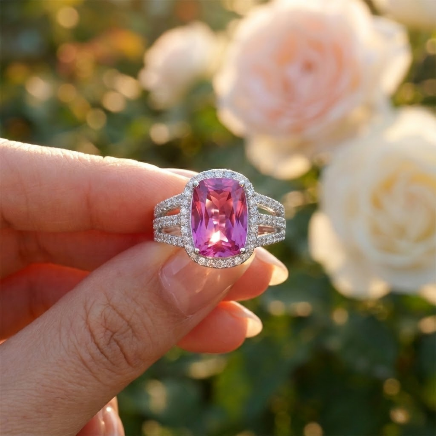 9.59 Ct Cushion Created Purple Sapphire and White Topaz Prong Silver Halo Engagement Ring