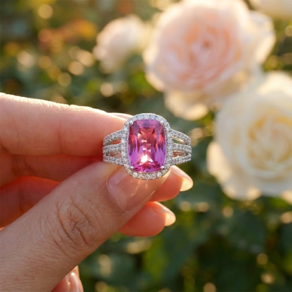 9.59 Ct Cushion Created Purple Sapphire and White Topaz Prong Silver Halo Engagement Ring