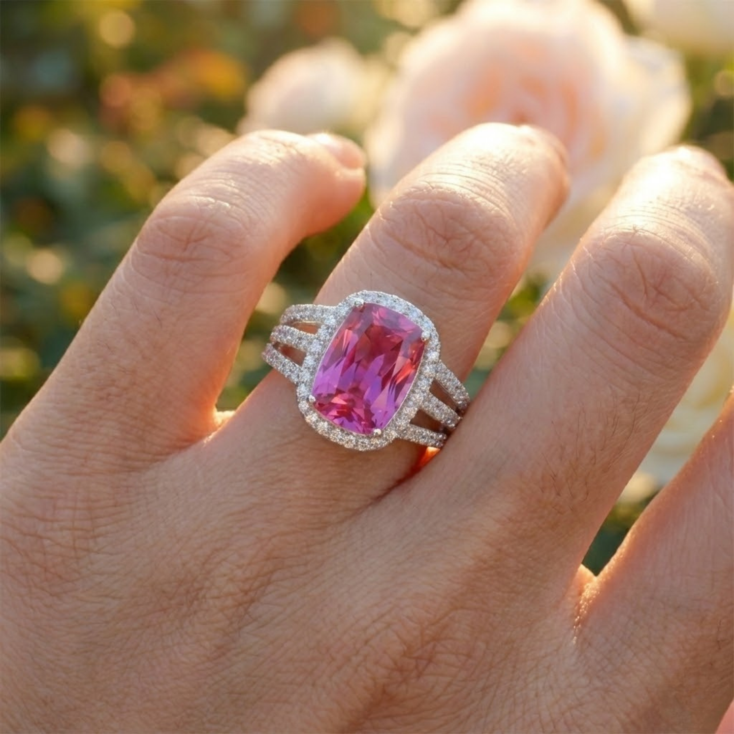 9.59 Ct Cushion Created Purple Sapphire and White Topaz Prong Silver Halo Engagement Ring