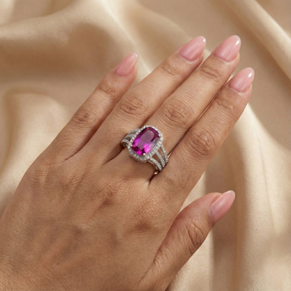9.59 Ct Cushion Created Purple Sapphire and White Topaz Prong Silver Halo Engagement Ring