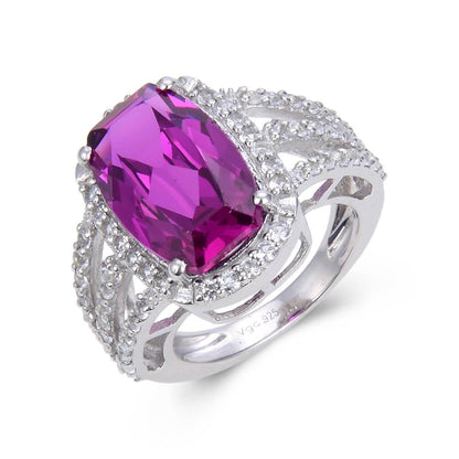 9.59 Ct Cushion Created Purple Sapphire and White Topaz Prong Silver Halo Engagement Ring
