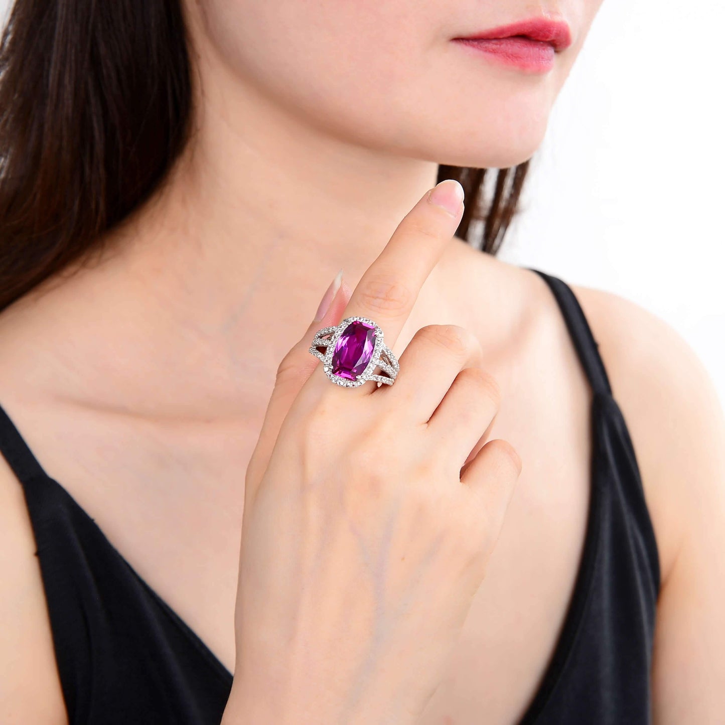 9.59 Ct Cushion Created Purple Sapphire and White Topaz Prong Silver Halo Engagement Ring