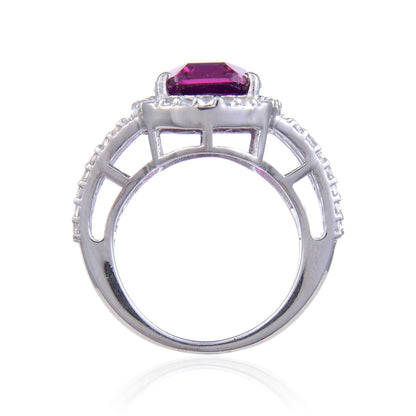 9.59 Ct Cushion Created Purple Sapphire and White Topaz Prong Silver Halo Engagement Ring