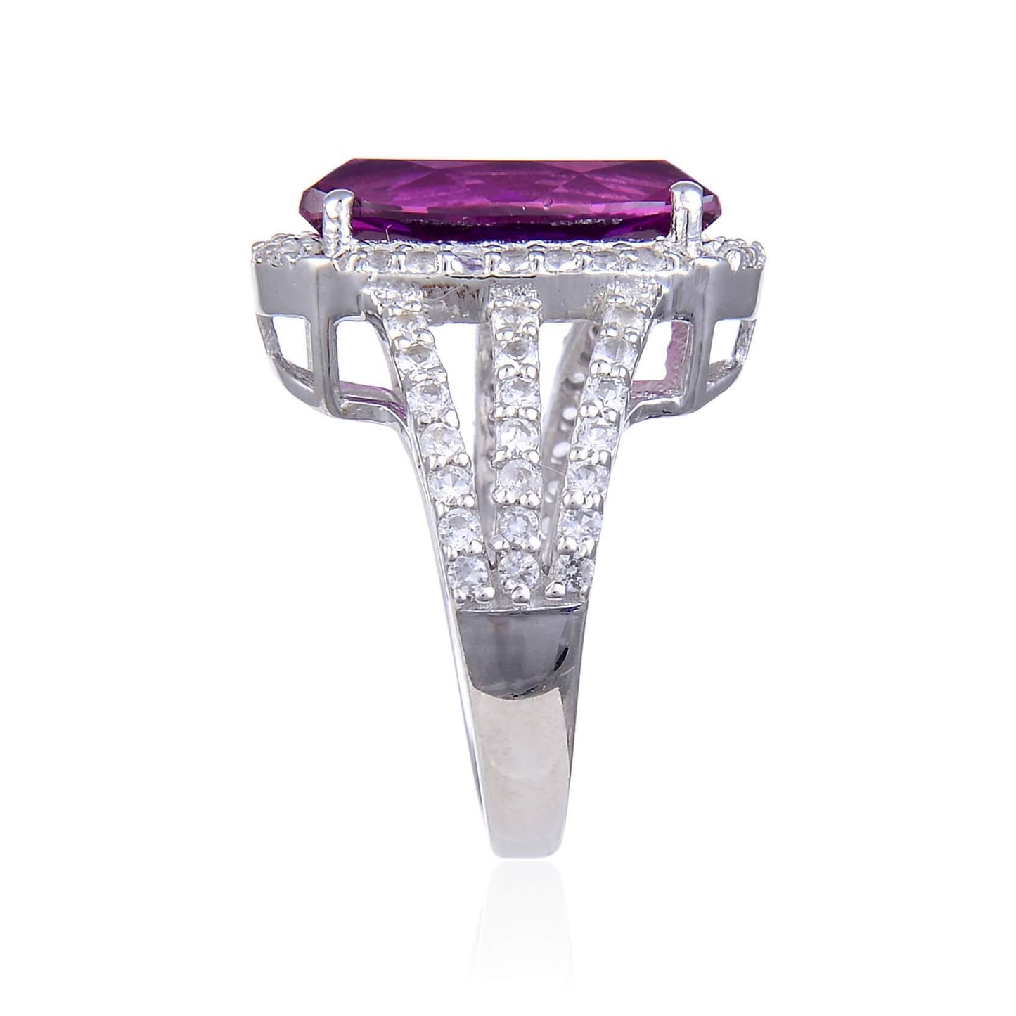 9.59 Ct Cushion Created Purple Sapphire and White Topaz Prong Silver Halo Engagement Ring