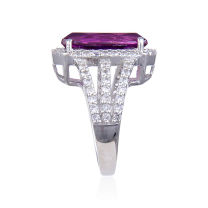 9.59 Ct Cushion Created Purple Sapphire and White Topaz Prong Silver Halo Engagement Ring