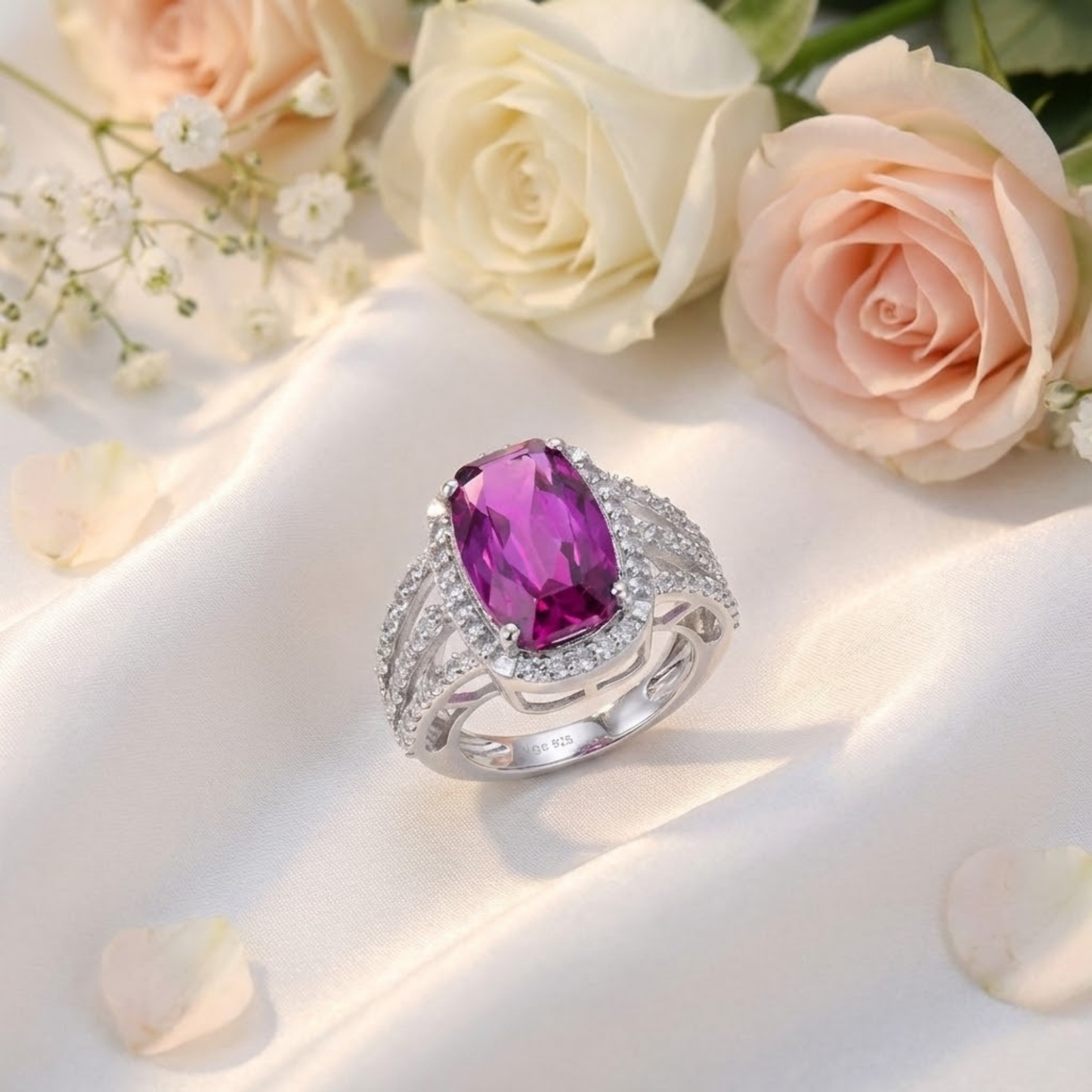 9.59 Ct Cushion Created Purple Sapphire and White Topaz Prong Silver Halo Engagement Ring