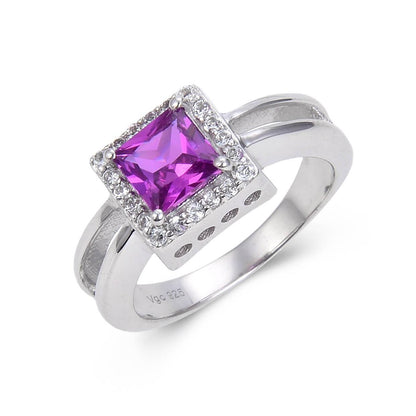 1.14 Ct Square Created Purple Sapphire and White Topaz Prong Silver Halo Engagement Ring