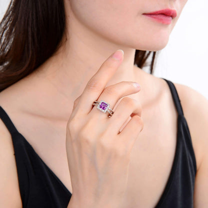 1.14 Ct Square Created Purple Sapphire and White Topaz Prong Silver Halo Engagement Ring