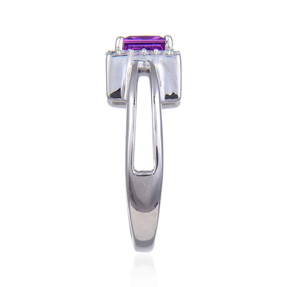 1.14 Ct Square Created Purple Sapphire and White Topaz Prong Silver Halo Engagement Ring