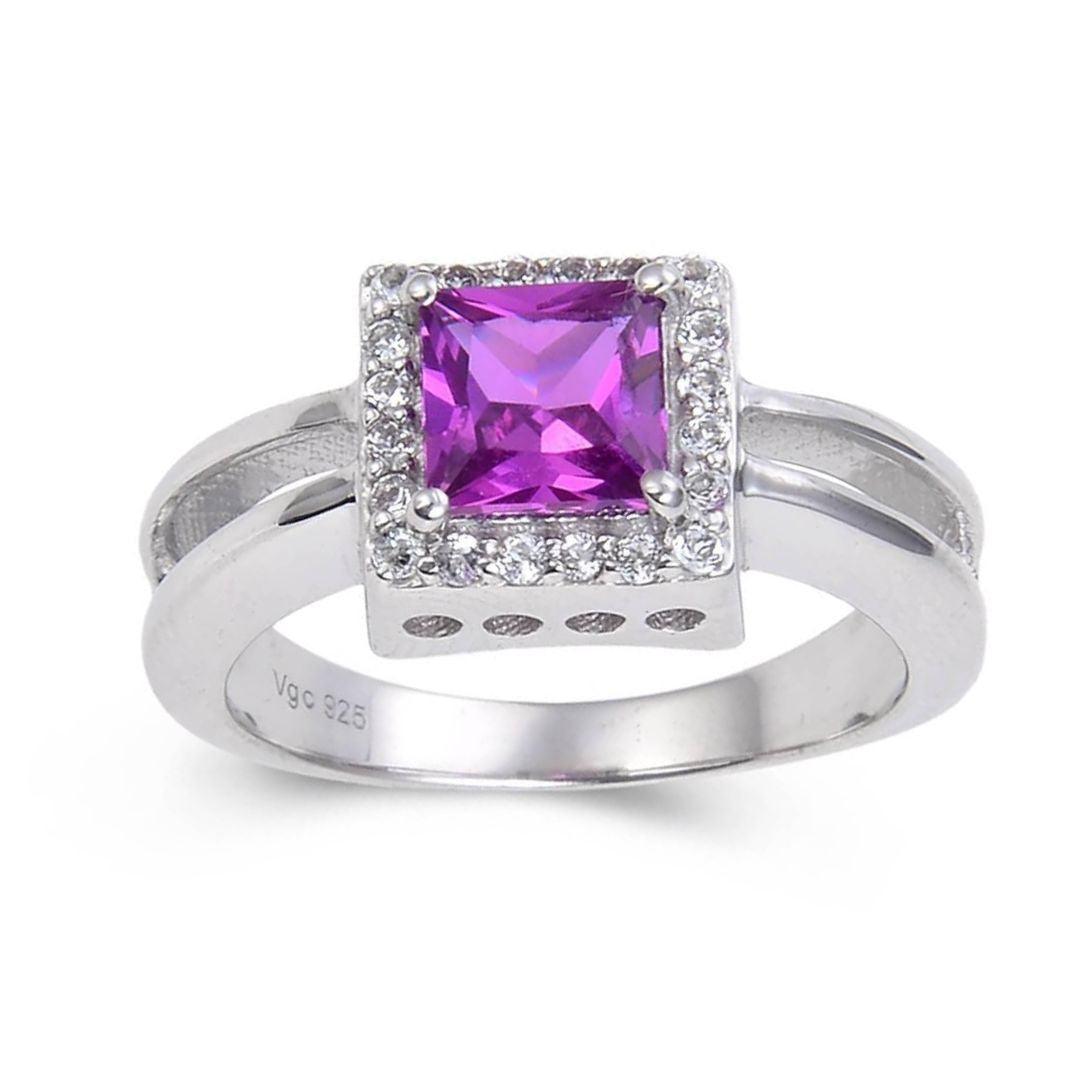 1.14 Ct Square Created Purple Sapphire and White Topaz Prong Silver Halo Engagement Ring
