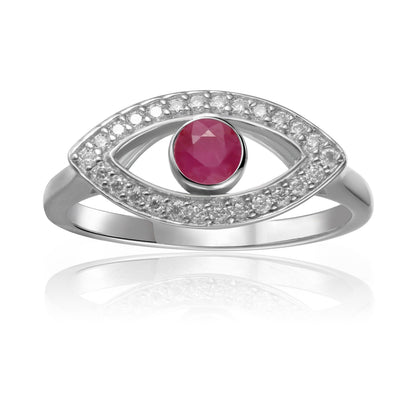 1.3 Ct Round Red Ruby Bezel Silver Evil Eye Ring