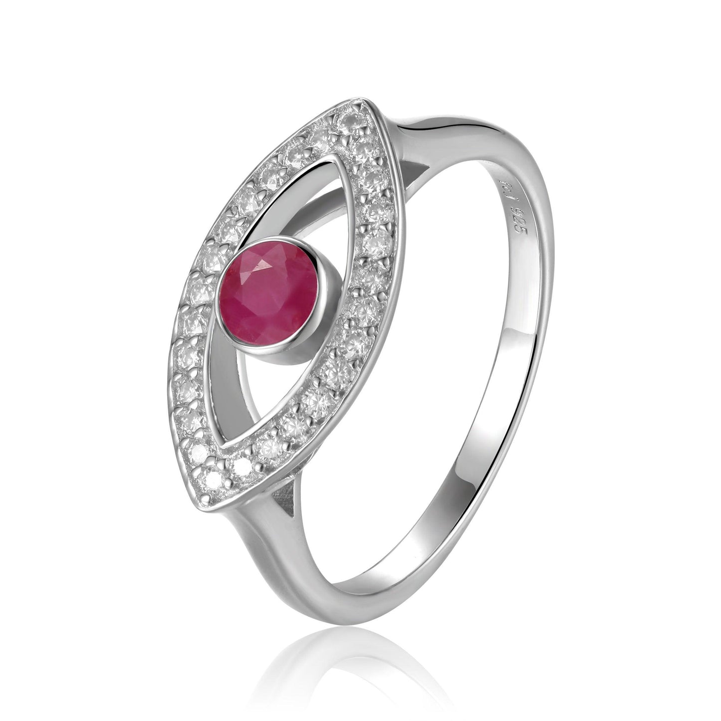 1.3 Ct Round Red Ruby Bezel Silver Evil Eye Ring