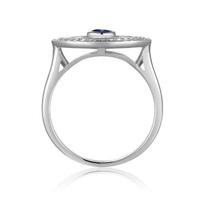 1.3 Ct Round Blue Sapphire Bezel Silver Evil Eye Ring