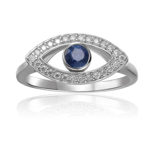 1.3 Ct Round Blue Sapphire Bezel Silver Evil Eye Ring