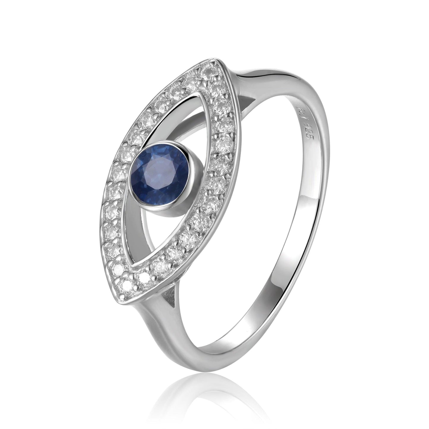 1.3 Ct Round Blue Sapphire Bezel Silver Evil Eye Ring