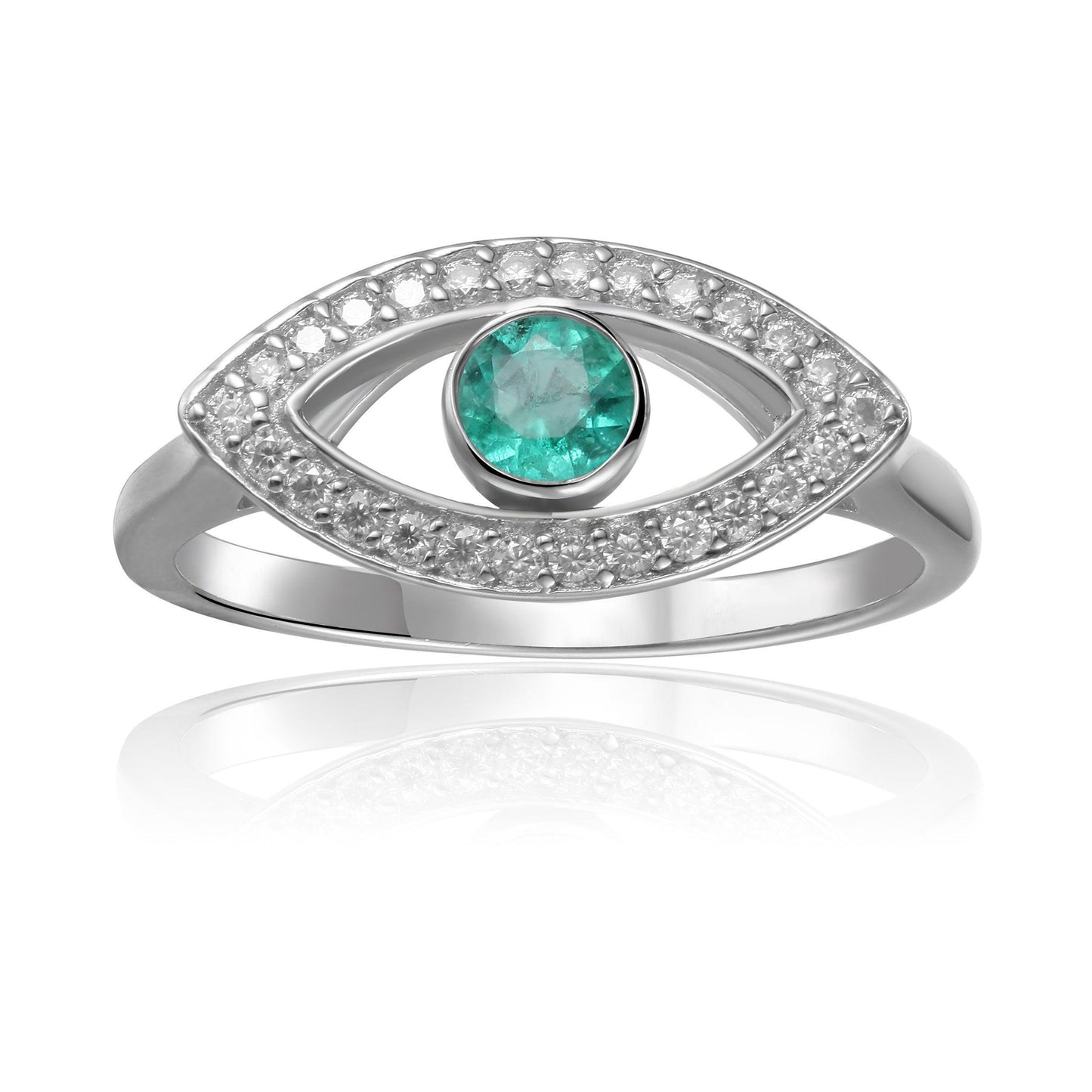 1.3 Ct Round Green Emerald Bezel Silver Evil Eye Ring