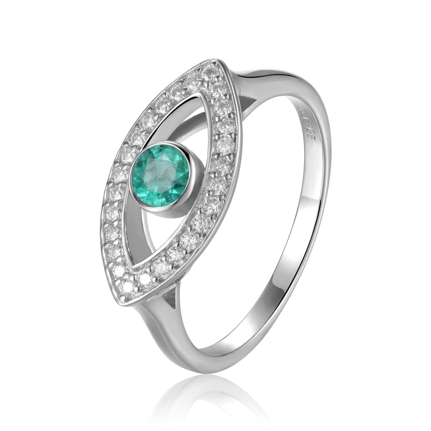 1.3 Ct Round Green Emerald Bezel Silver Evil Eye Ring