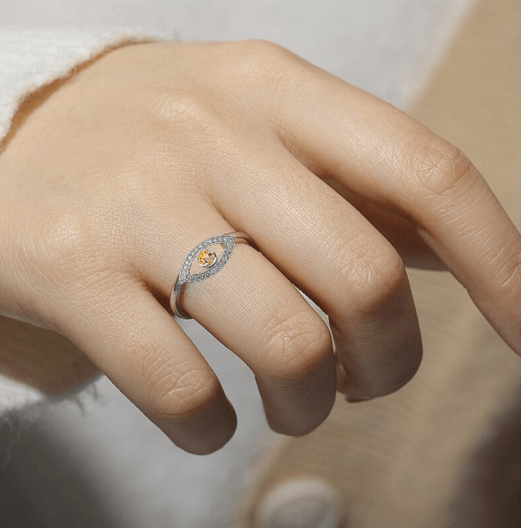 1.3 Ct Round Yellow Citrine Bezel Silver Evil Eye Ring