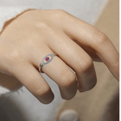 1.3 Ct Round Red Ruby Bezel Silver Evil Eye Ring