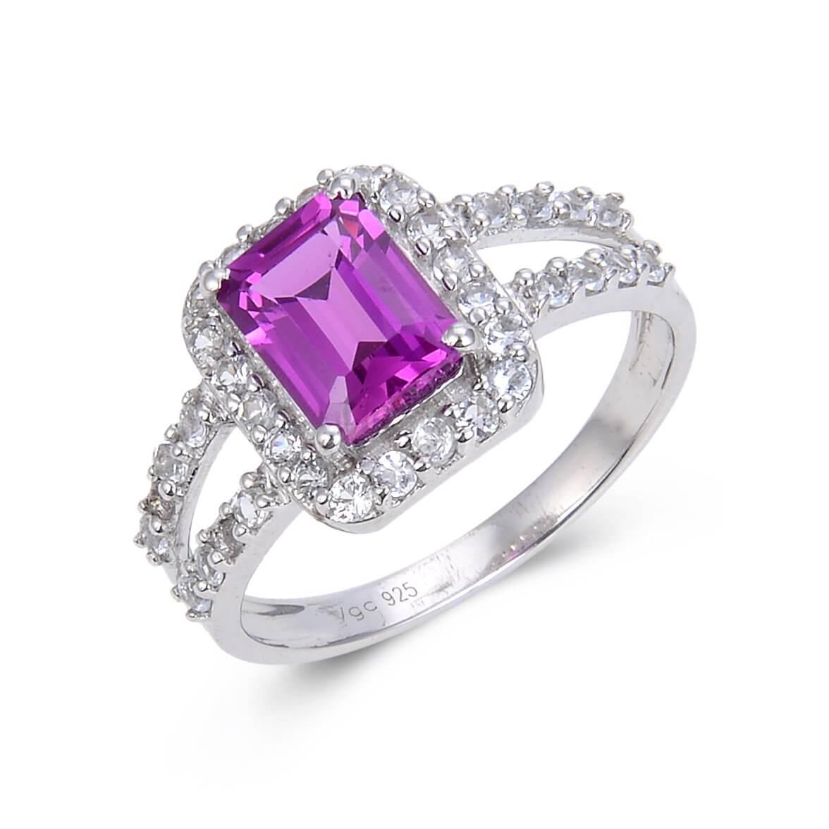 2.96 Ct Octagon Created Purple Sapphire and White Topaz Prong Silver Split Band Ring