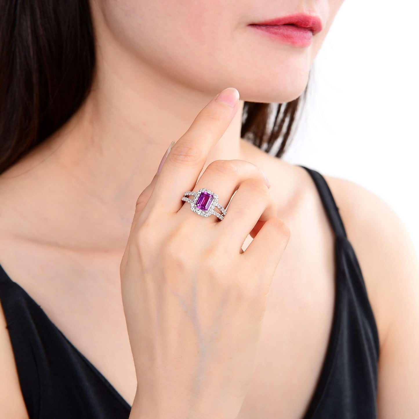 2.96 Ct Octagon Created Purple Sapphire and White Topaz Prong Silver Split Band Ring