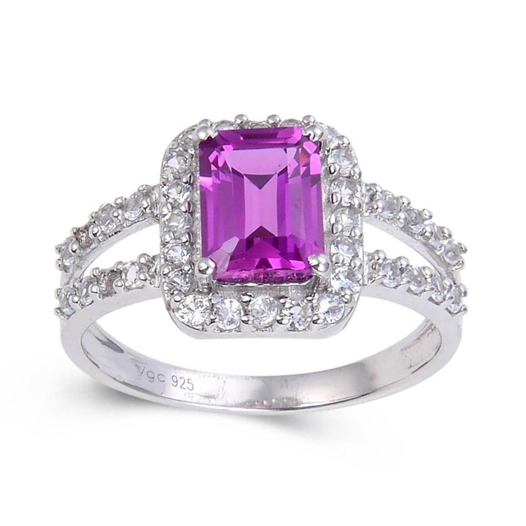 2.96 Ct Octagon Created Purple Sapphire and White Topaz Prong Silver Split Band Ring