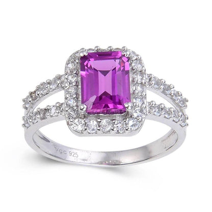 2.96 Ct Octagon Created Purple Sapphire and White Topaz Prong Silver Split Band Ring
