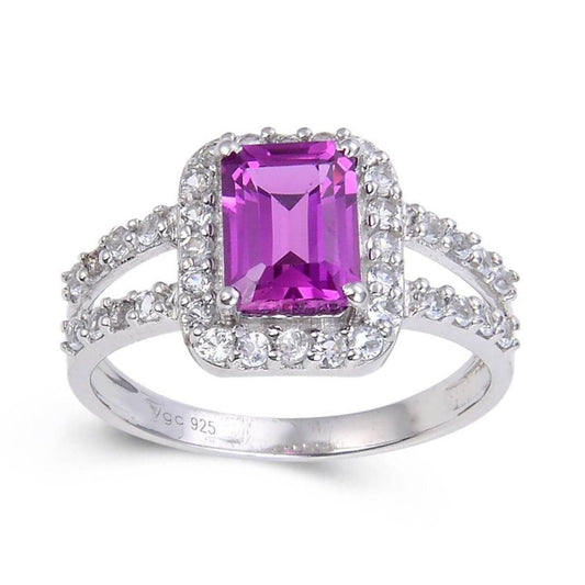 2.96 Ct Octagon Created Purple Sapphire and White Topaz Prong Silver Split Band Ring