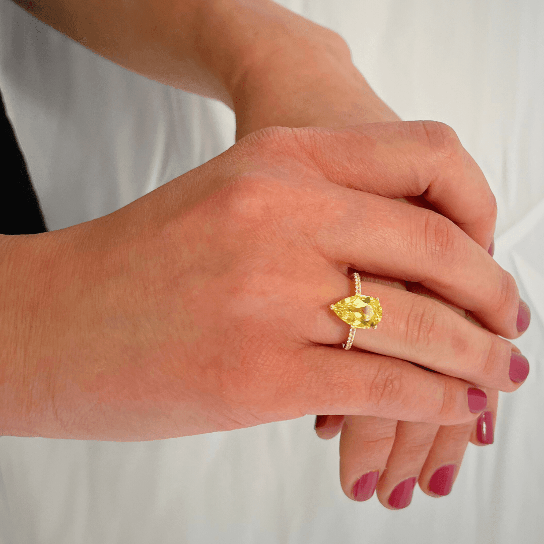 3.5 ct Yellow Pear Yellow Sapphire 18K Yellow Gold Over Silver Teardrop Pave Band Ring