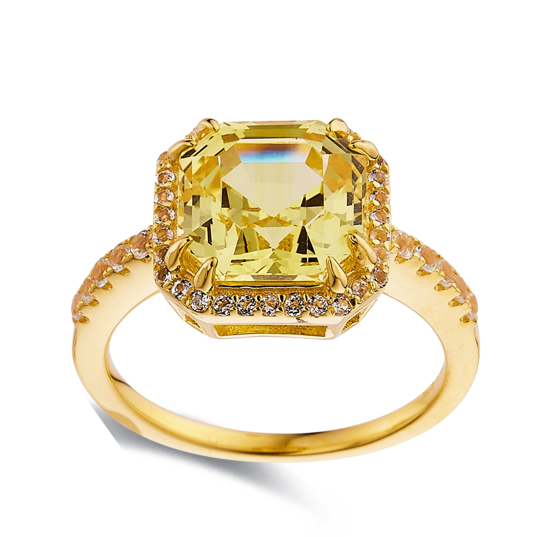 4.00 Ct Cushion Lab Grown Yellow Sapphire Prong 18k Yellow Gold Over Silver Halo Statement Ring