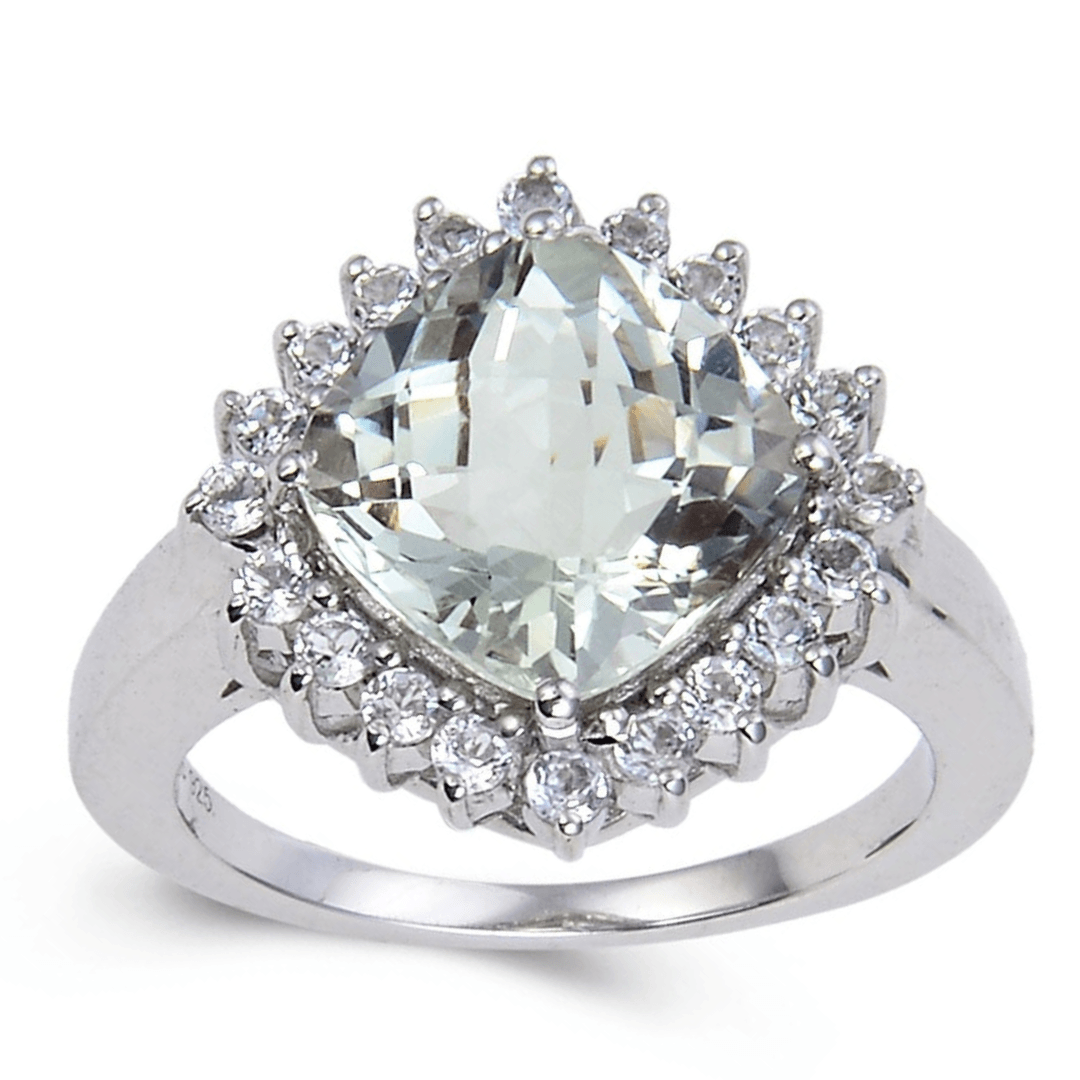 3.80 Ct Cushion Green Amethyst Prong Silver Halo Floral Ring