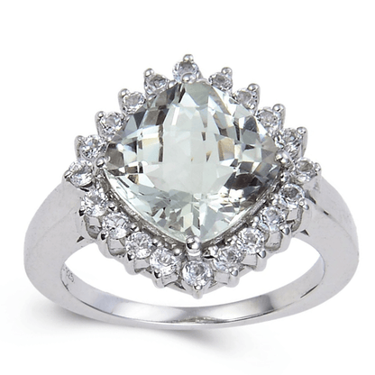 3.80 Ct Cushion Green Amethyst Prong Silver Halo Floral Ring