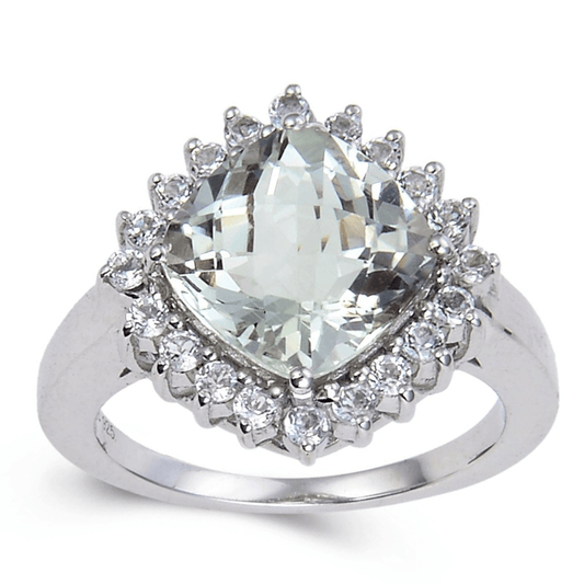 3.80 Ct Cushion Green Amethyst Prong Silver Halo Floral Ring