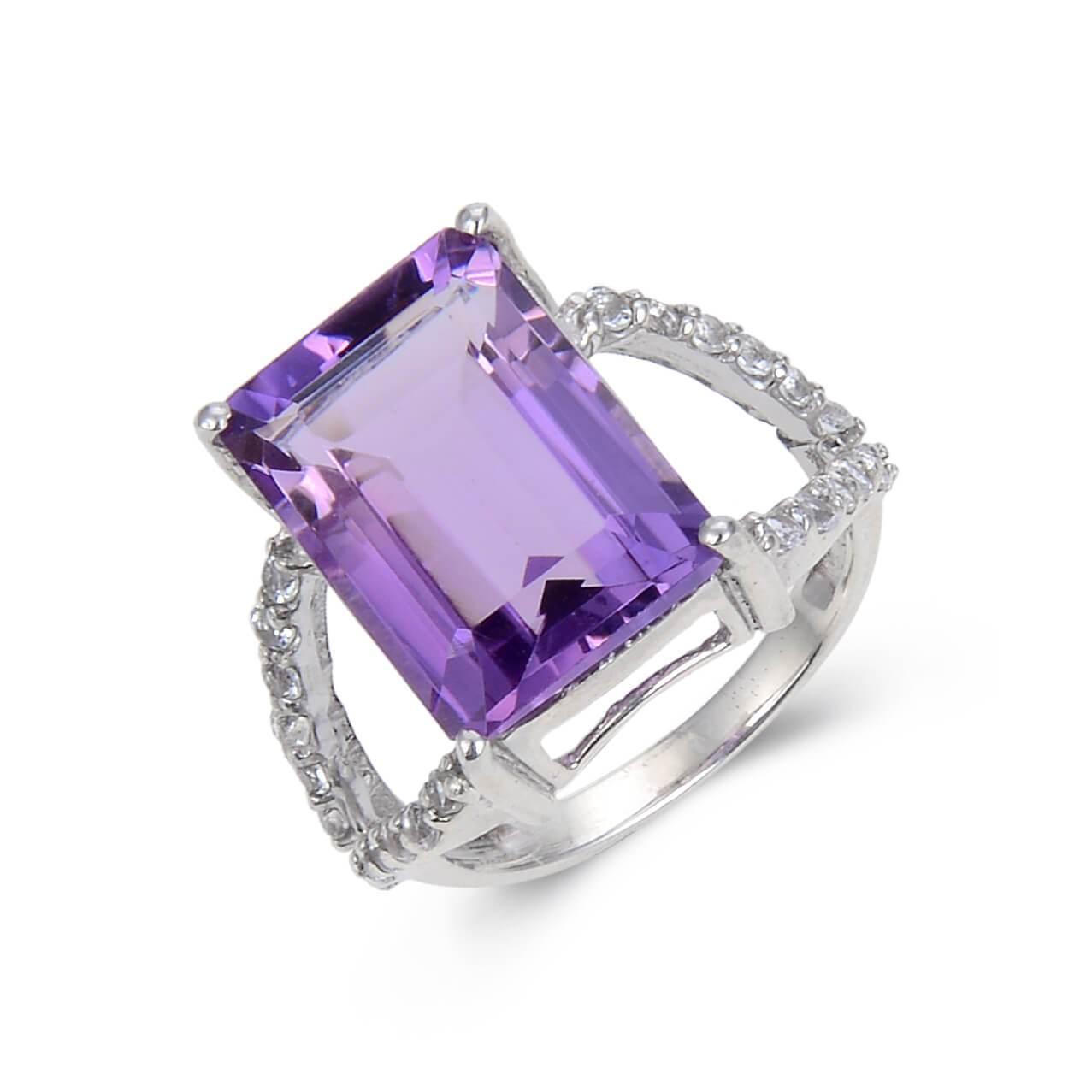 7.23 Ct Octagon Purple Amethyst and White Topaz Prong Silver Statement Ring