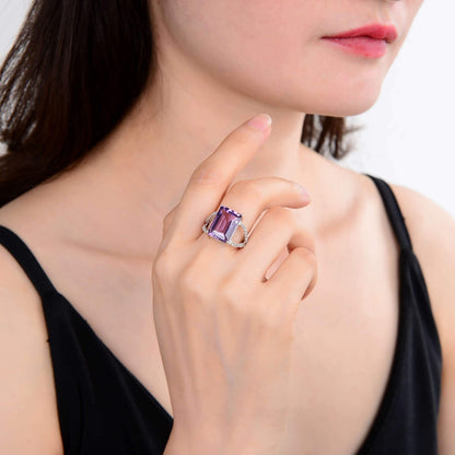 7.23 Ct Octagon Purple Amethyst and White Topaz Prong Silver Statement Ring