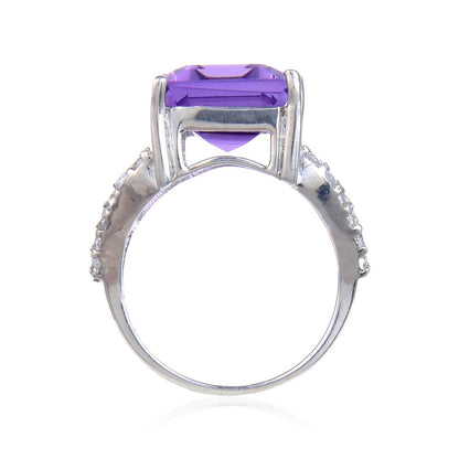 7.23 Ct Octagon Purple Amethyst and White Topaz Prong Silver Statement Ring